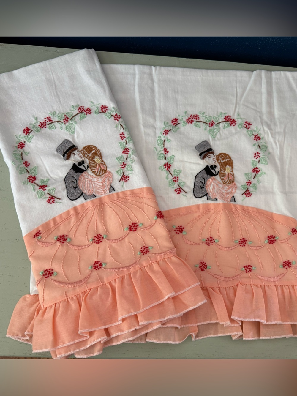 Vintage Pair of Queen Sized Embroidered Pillowcases Marriage Southern Belle